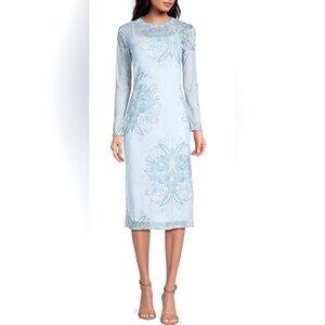 Gianni Bini Floral Mesh Printed Long Sleeve Midi Dress w Tonal Slip